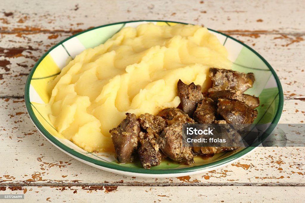 Fried chicken livers and mashed potatoes 2015 Stock Photo