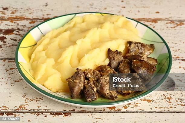 Fried Chicken Livers And Mashed Potatoes Stock Photo - Download Image Now - 2015, Cooked, Crockery