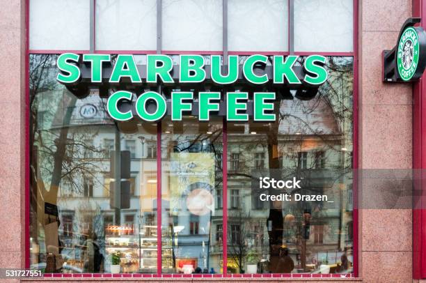 Starbucks Coffee In Prague With Reflection In Window During Day Stock Photo - Download Image Now