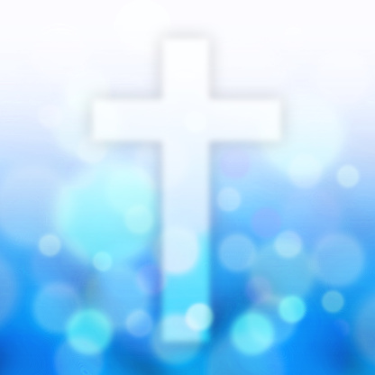 christian cross with bokeh light background,blue color tone