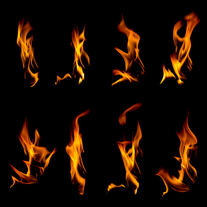 Collection of different types and shapes of flames isolated on black background
