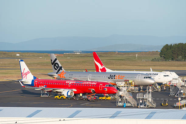 Passenger jets on tarmac at Hobart Airport stock photo