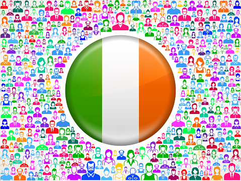 Ireland Flag on royalty free vector Family interface icon Pattern. This vector art background features family stick figures of men, women, seniors and children. The colorful pattern can be used for love and relationship concepts. File download includes vector art and jpg file.