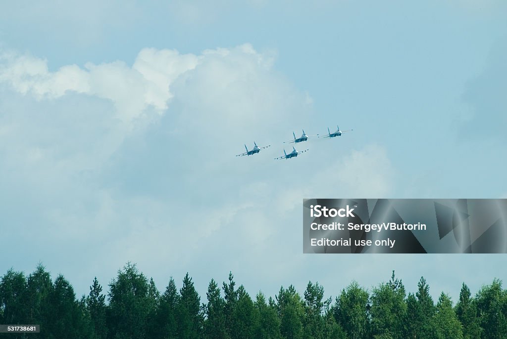 su 27 flanker fighter aircraft group Nizhniy Tagil, Russia - July 12. 2008: Aerobatic Team "The Russian Knight" display of fighting opportunities of equipment with application of aviation means of defeat. Russia Arms Expo-2008 exhibition 2015 Stock Photo