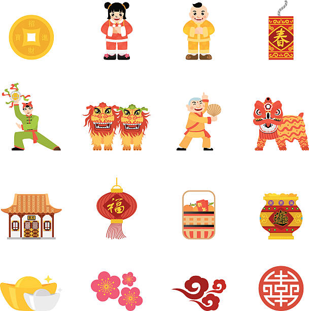 плоский китайский новый год значки/simpletoon series - celebration event abundance lantern traditional festival stock illustrations