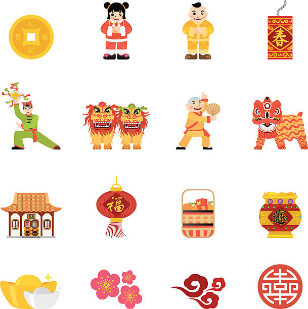 Flat Chinese New Year icons | Simpletoon series Simple, flat, cartoon style Chinese New Year icon set for your web page, interactive, presentation, print, and all sorts of design need. asian lion stock illustrations