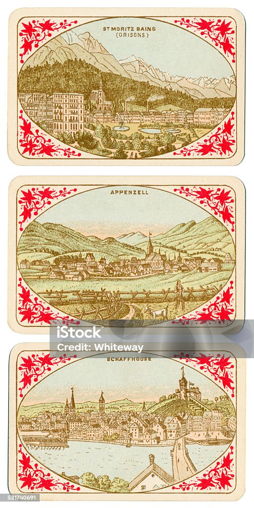 Playing cards Switzerland 1880 St Moritz Bains Appenzell Schaffhouse This is the back face / reverse of three playing cards, high-value diamonds from an antique (1880) pack of cards that features views and costumes from Switzerland. The title for the pack is Vues & Costumes suisse. These three card backs feature three of Switzerland's cantons / regions: St Moritz les Bains (Grisons), Appenzell and Schaffhouse. The pack was issued by Jean Muller of Schaffhouse in Switzerland, and each of the 52 card backs depicts a different scene from Switzerland. The figures on the court cards / picture cards feature figures in national costume. The printing is by chromolithography. 1880 Stock Photo