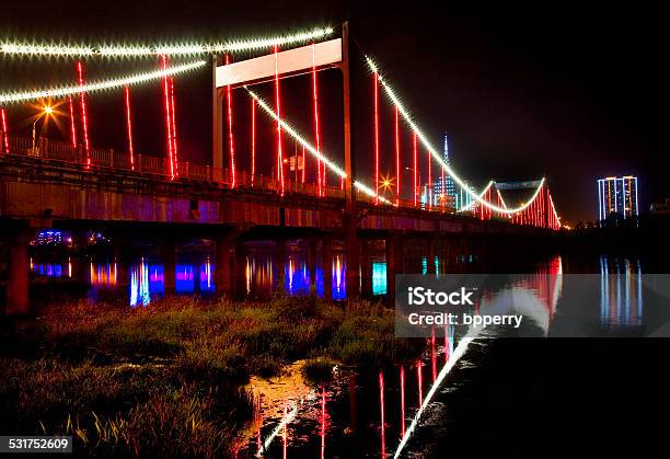 Red Lights Jiangqun General Bridge Night Fushun City Liaoning China Stock Photo - Download Image Now