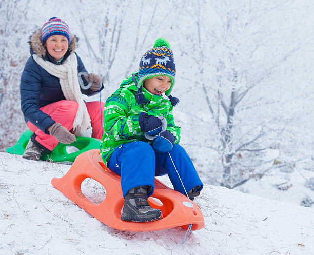 istock Family having fun with sled in winter park 531755071