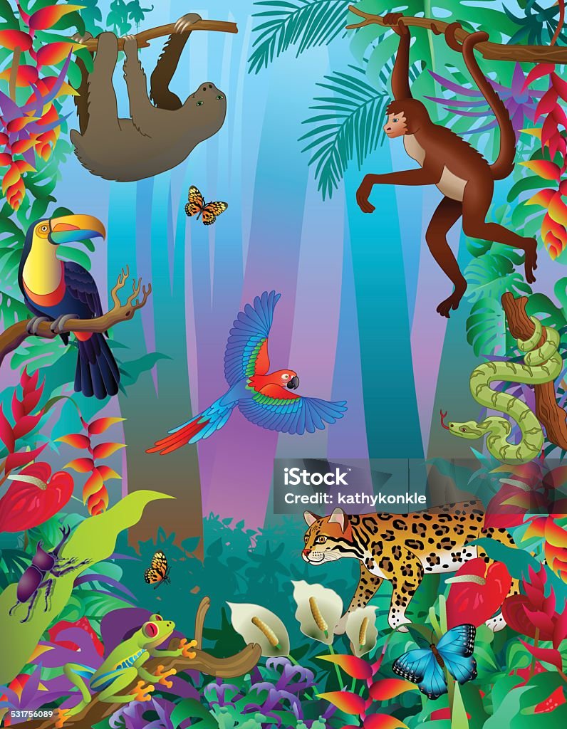 Amazon rainforest animals vertical jungle scene with many creatures A vector illustration of an Amazon rainforest animals vertical jungle scene with many creatures including a sloth, spider monkey, ocelot, boa constrictor, rhinoceros beetle, red-eyed tree frog, morpho butterfly (blue) toucan and scarlet macaw flying parrot. Animal stock vector