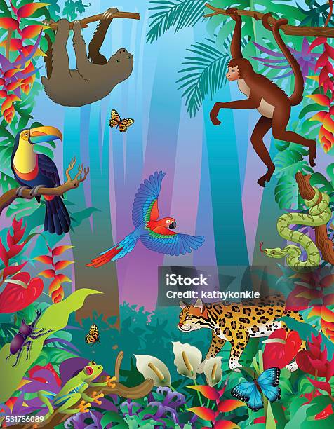 Amazon Rainforest Animals Vertical Jungle Scene With Many Creatures Stock Illustration - Download Image Now