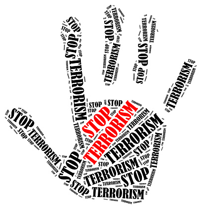 Stop terrorism. Word cloud illustration in shape of hand print showing protest.