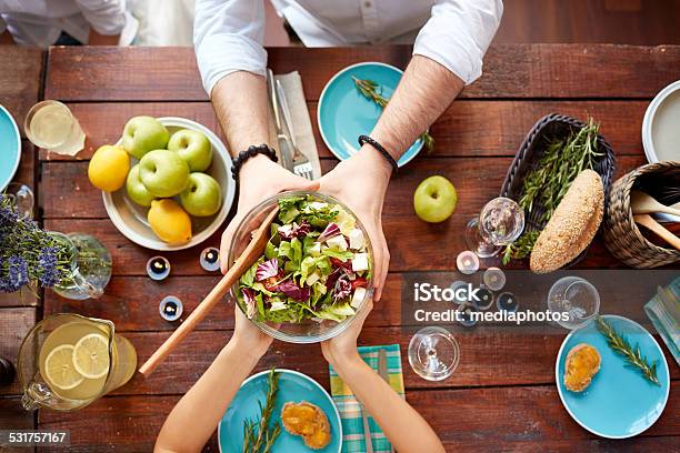 Vegetarian Dinner Stock Photo - Download Image Now - Passing - Giving, High Angle View, Salad