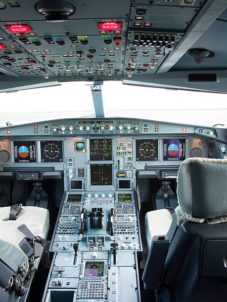 istock Airbus A330 airplane's cockpit with front,overhead and pedestrian panel 531757613