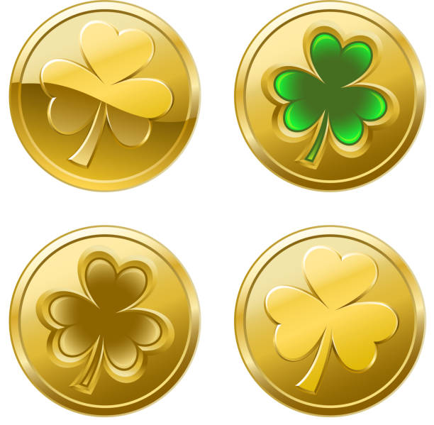 illustrazioni stock, clip art, cartoni animati e icone di tendenza di quadrifoglio di giorno di san patrizio monete - gold coin