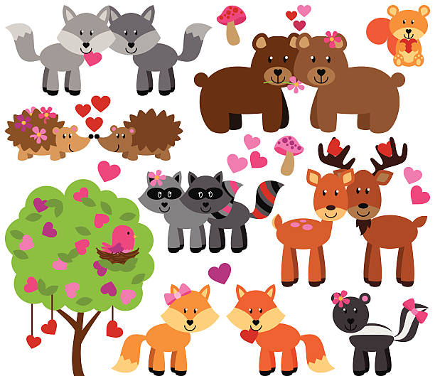 Vector Set of Valentine's Day or Love Themed Forest Animals Vector Set of Valentine's Day or Love Themed Forest Animals. No transparencies or gradients used. Large JPG included. Each element is individually grouped for easy editing. valentinstag stock illustrations