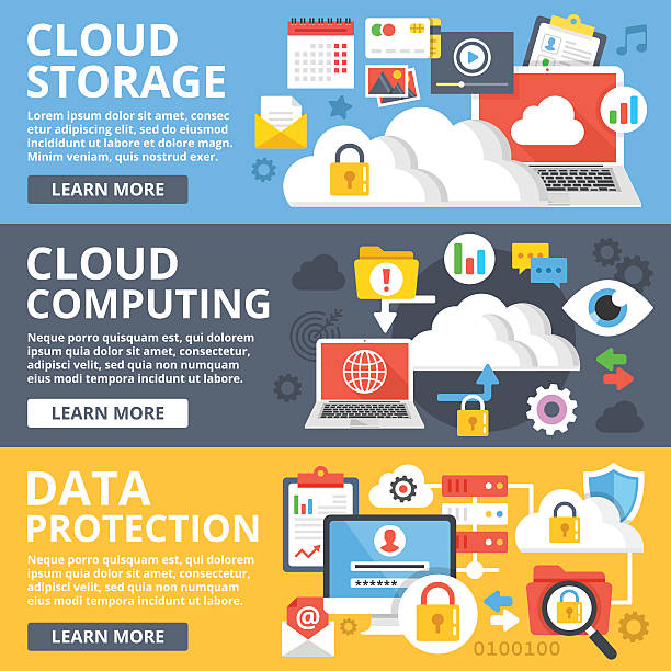 Cloud storage, cloud computing, data protection flat design illustration set Cloud storage, cloud computing, data protection flat illustration set. Creative flat design elements and concepts for web sites, web banner, printed materials, infographics. Modern vector illustration cloud storage stock illustrations