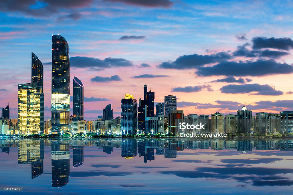 View of Abu Dhabi Skyline at sunset View of Abu Dhabi Skyline at sunset, United Arab Emirates Abu Dhabi Stock Photo