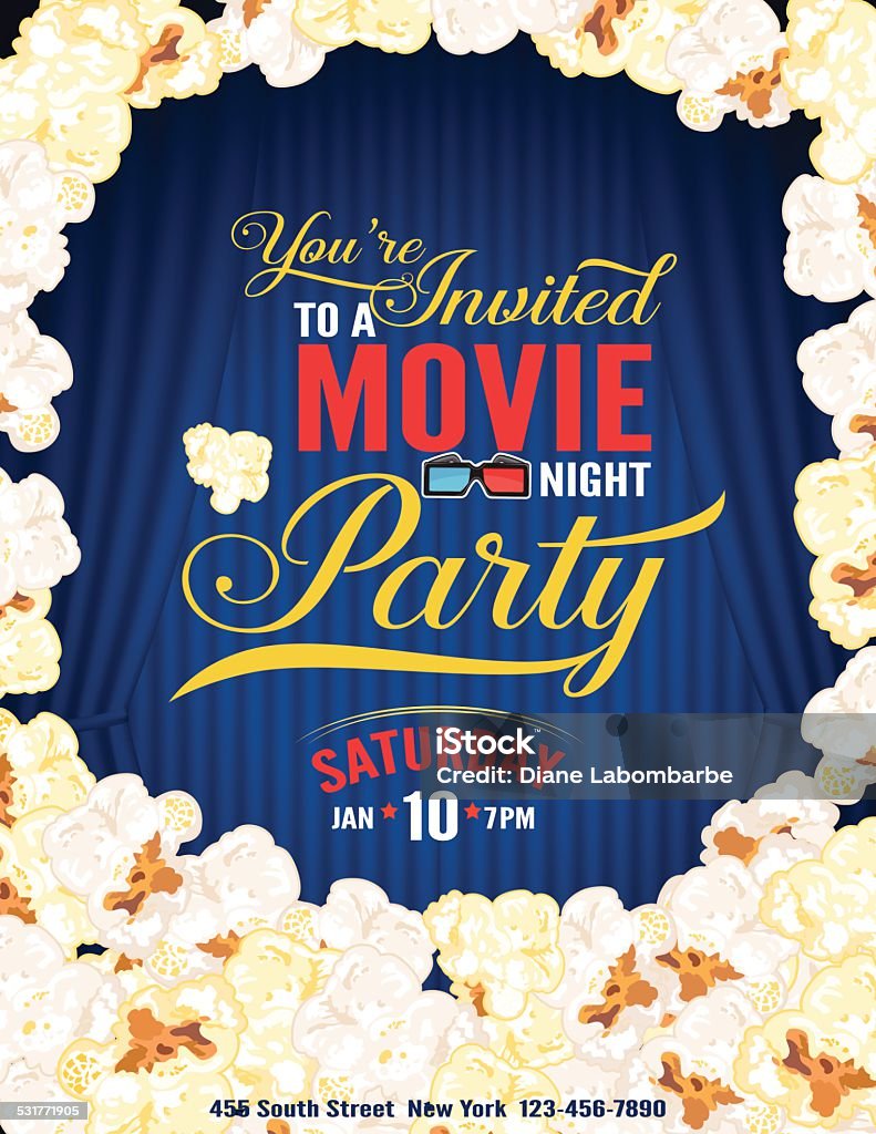 Popcorn Movie Night Party Invitation Template With Curtain - Royalty-free Bioscoop vectorkunst