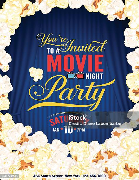 Popcorn Movie Night Party Invitation Template With Curtain Stockvectorkunst en meer beelden van Bioscoop