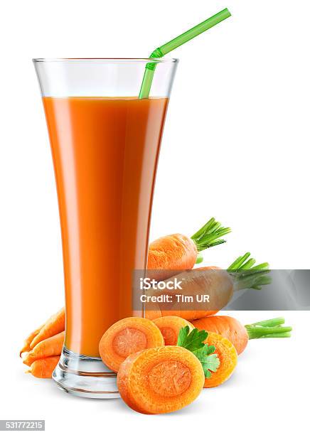 Glass Of Carrot Juice With Fruit Isolated On White Stock Photo - Download Image Now