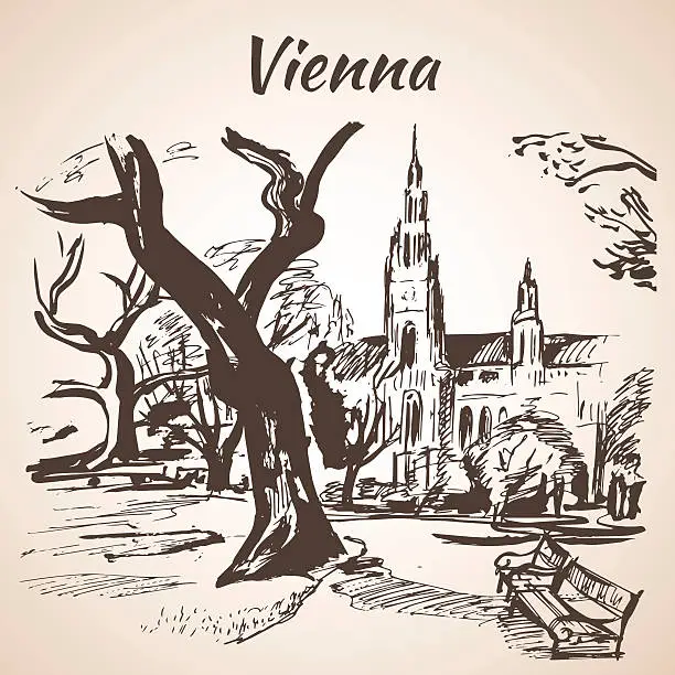 Vector illustration of Vienna park with big trees and benches