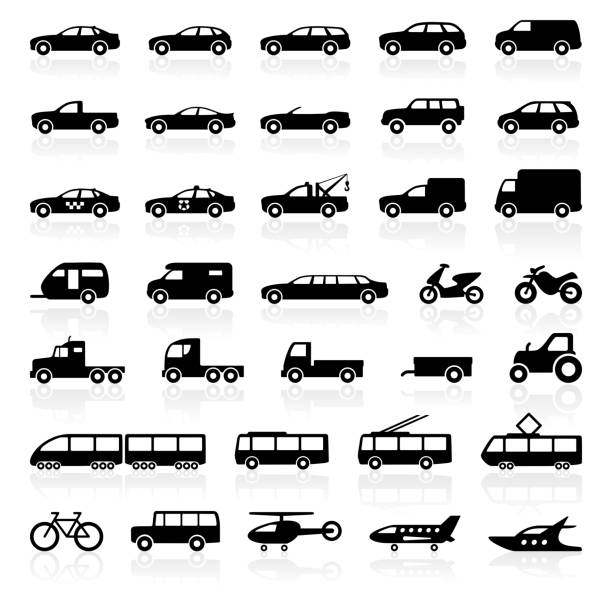 Transport icons - illustration Vector set of different car models and other types of transport hatchback side stock illustrations