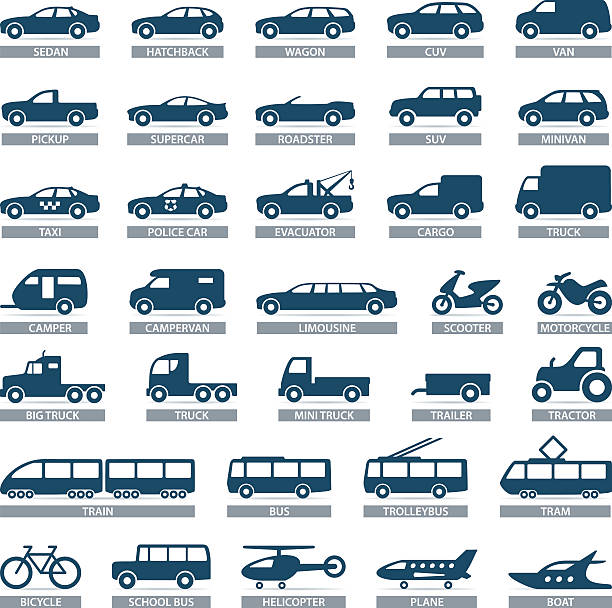 Transport icons - illustration Vector set of different car models and other types of transport public transportation stock illustrations