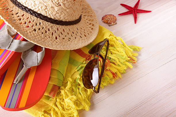 istock Beach accessories and tourism prepared on wood table top 531778934