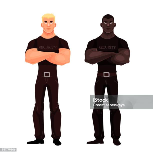 Male African And European Security Stand Stock Illustration - Download Image Now - Men, Muscular Build, Strength