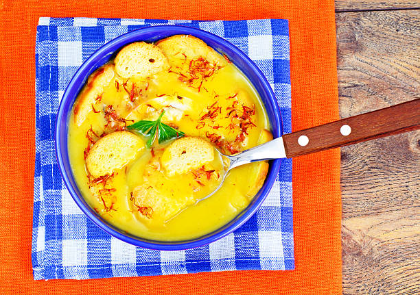 istock Cream of Zucchini, Carrots, Boiled Eggs, Saffron, Bread Bruschet 531780678