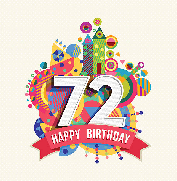 Happy birthday 72 year greeting card poster color Happy Birthday seventy two 72 year, fun celebration anniversary greeting card with number, text label and colorful geometry design. EPS10 vector. senior birthday card stock illustrations