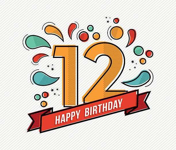 Colorful happy birthday number 12 flat line design Happy birthday number 12, greeting card for twelve year in modern flat line art with colorful geometric shapes. Anniversary party invitation, congratulations or celebration design. EPS10 vector. 12 13 years stock illustrations