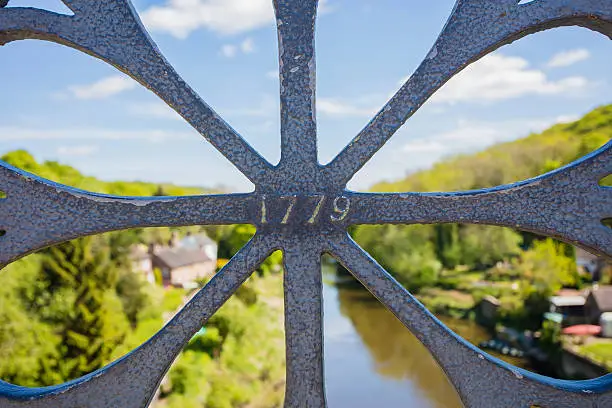 A stock photo of the 1779 stamp on the worlds first iron bridge in Shropshire, England. The famous Iron Bridge is a 100 ft cast iron bridge that was built across the river in 1779. Photographed with the Canon EOS 5DSR.