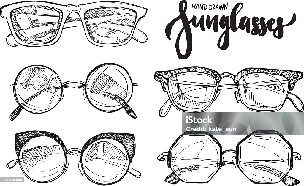 Hand drawn vector illustration - sunglasses. Fashion sunglasses. Hand drawn vector illustration - sunglasses. Fashion sunglasses. Vintage decorative  design elements. Sunglasses stock vector