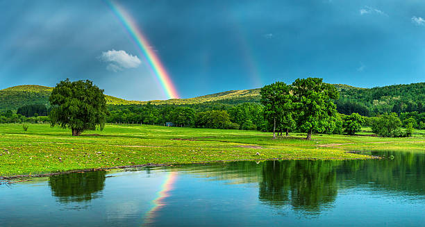 arco iris sobre un lago, refleja en el agua - forest pond landscaped water fotografías e imágenes de stock