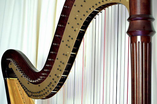 Closeup of the strings and mechanisms of a concert grand, pedal harp.