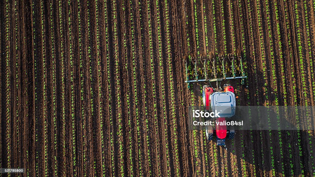 Tractor cultivating field at spring Tractor cultivating field at spring,aerial view Agriculture Stock Photo
