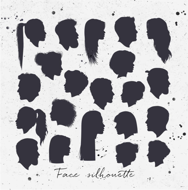 Face silhouettes Vector set of female and male silhouettes drawing with black on dirty paper background portrait silhouettes stock illustrations