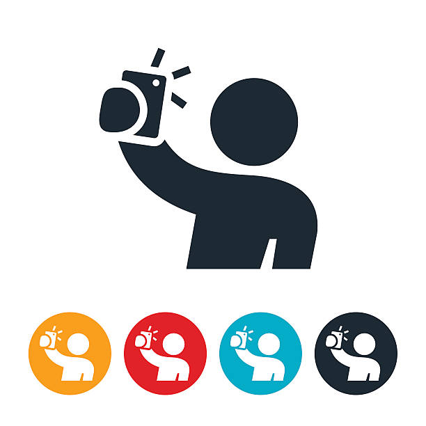 Person Taking a Selfie Icon An icon of a person taking a selfie by holding a mobile phone up and snapping a picture. moving activity photos stock illustrations