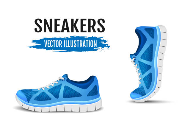 illustrazioni stock, clip art, cartoni animati e icone di tendenza di sfondo di due scarpe da in esecuzione. blu sport scarpe per la corsa. - paio