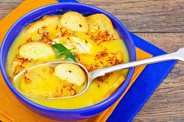 istock Cream of Zucchini, Carrots, Boiled Eggs, Saffron, Bread Bruschet 531792126