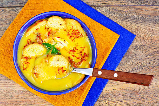 istock Cream of Zucchini, Carrots, Boiled Eggs, Saffron, Bread Bruschet 531792690