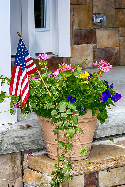 American flag in a plant pot outside a house American flag in a plant-pot with geraniums and pansies on a front doorstep american flag flowers stock pictures, royalty-free photos & images