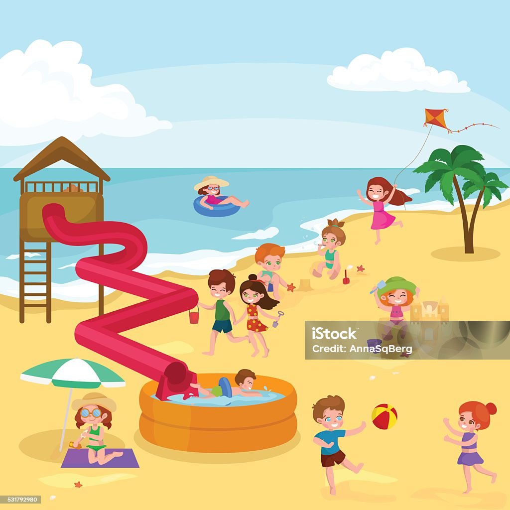 Dzieci Lato Wakacje Dzieci Gra Z Piasku Na Plaży W Wodzie - Stockowe  grafiki wektorowe i więcej obrazów Basen