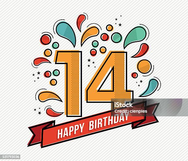 Colorful Happy Birthday Number 14 Flat Line Design Stock Illustration - Download Image Now - 14-15 Years, Number 14, Anniversary