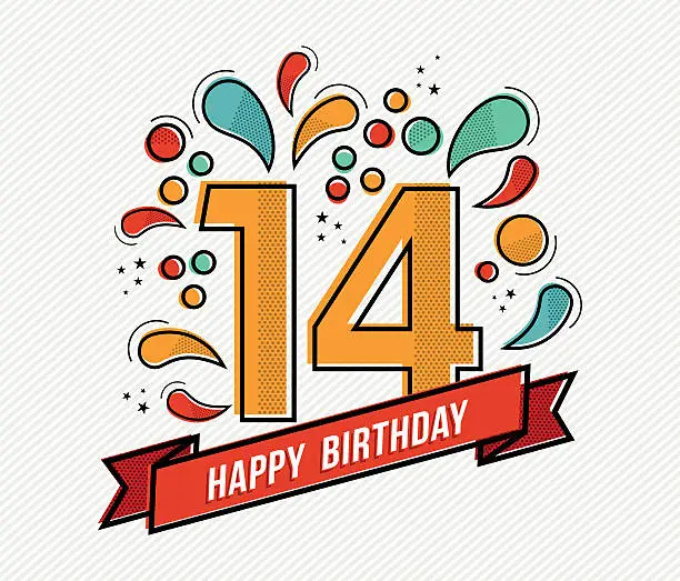 Vector illustration of Colorful happy birthday number 14 flat line design