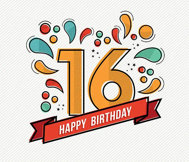 Vector illustration of Colorful happy birthday number 16 flat line design