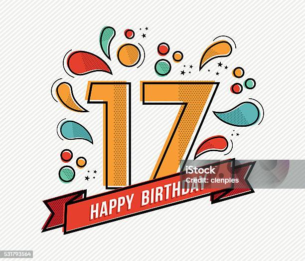 Colorful Happy Birthday Number 17 Flat Line Design Stock Illustration - Download Image Now - 16-17 Years, Birthday, Anniversary
