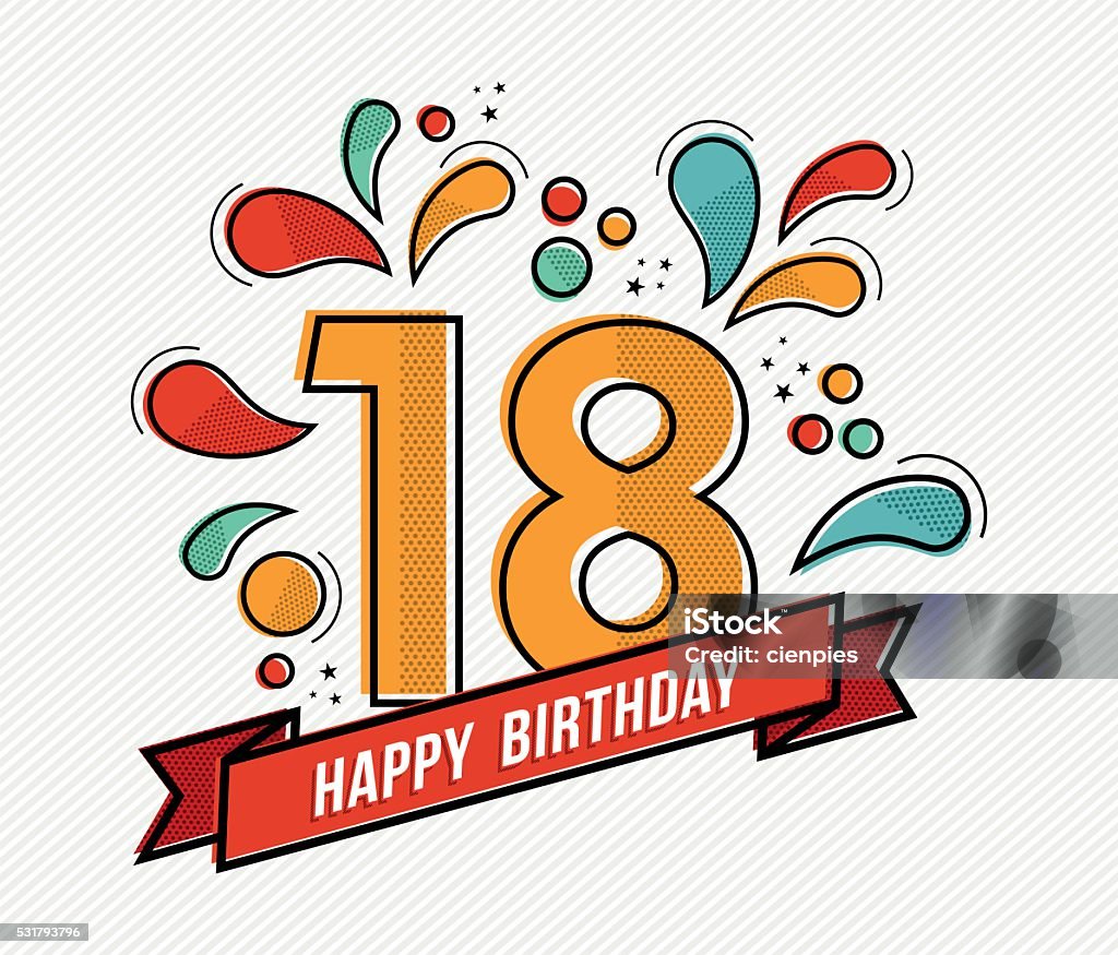 Número de cumpleaños feliz colorido 18 de diseño línea plana - arte vectorial de 18-19 años libre de derechos